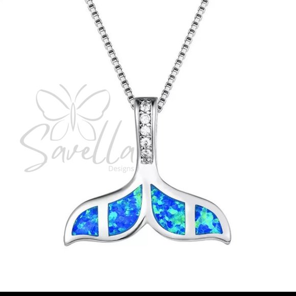 Solid Sterling Silver Blue Fire Opal Mermaid Tail | Whale Tale Pendant - Picture 2 of 3